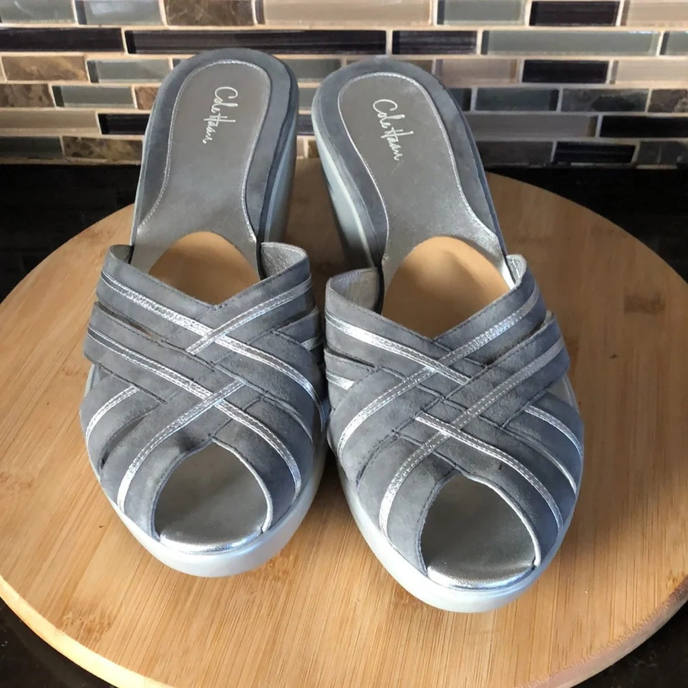 Lot of 2 pair Cole Haan Austyn Peep Toe Wedge Sandal Mule Slides size‎ 11B